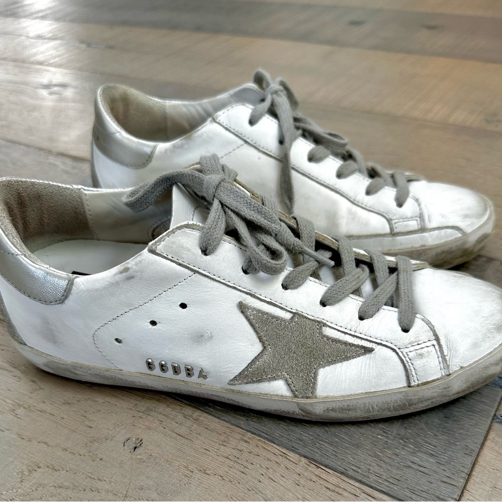 Golden Goose Superstar White/Silver Distressed Leather Sneakers Size 37